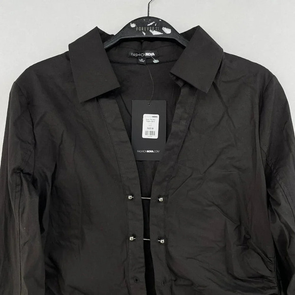 Fashion Nova Top Women's Sz M Black Collared Long Sleeve Toggle Front Side Zip - Picture 6 of 13